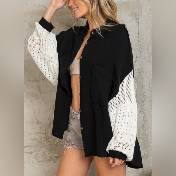 LAST ONE POL gauze with crochet sleeves button down top-black & cream: S,M,L - Picture 2 of 3